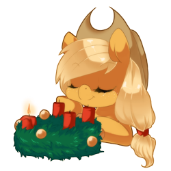 Size: 640x640 | Tagged: safe, artist:loyaldis, applejack, earth pony, pony, advent wreath, candle, christmas, eyes closed, simple background, solo, transparent background, wreath