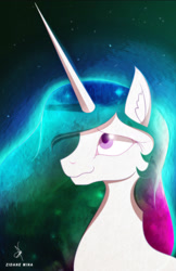 Size: 2032x3134 | Tagged: safe, artist:zidanemina, princess celestia, alicorn, pony, beautiful, best princess, bust, ethereal mane, eyelashes, female, flowing mane, looking up, mare, multicolored mane, night, portrait, praise the sun, purple eyes, royalty, signature, smiling, solo, starry mane, stars