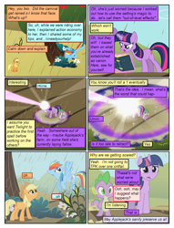 Size: 612x802 | Tagged: safe, artist:newbiespud, artist:winged cat, derpibooru import, edit, edited screencap, screencap, applejack, rainbow dash, spike, twilight sparkle, unicorn twilight, dragon, earth pony, pegasus, pony, unicorn, collaboration, comic:friendship is dragons, apple, blast, book, comic, dialogue, female, flower, flying, food, freckles, glow, glowing horn, hat, horn, implied fluttershy, implied rarity, magic, magic beam, magic blast, male, mare, rain, reading, screencap comic, slit eyes, telekinesis, tree, worried