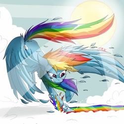 Size: 1280x1280 | Tagged: safe, artist:kittheredkitsune, derpibooru import, rainbow dash, pegasus, pony, cheek fluff, cloud, crepuscular rays, deviantart watermark, ear fluff, feather, female, leg fluff, mare, obtrusive watermark, on a cloud, rainbow, sky, smiling, solo, sun, watermark