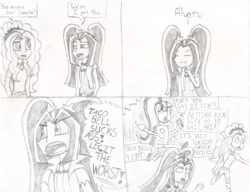 Size: 1019x784 | Tagged: safe, artist:sapphire42, adagio dazzle, aria blaze, sonata dusk, equestria girls, comic, dialogue, food, grayscale, monochrome, rage, screaming, sketch, sonataco, taco, taco bell, the dazzlings, traditional art, vulgar