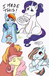 Size: 2021x3117 | Tagged: safe, artist:sketchystreaks, derpibooru import, big macintosh, fluttershy, rainbow dash, rarity, oc, oc:airy streaks, pegasus, pony, unicorn, baby, baby pony, cloud, cuddling, diaper, eyes closed, female, filly, fluttermac, i made this, looking at you, male, missing cutie mark, mother and child, mother and daughter, neck nuzzle, offspring, parent and child, parent:rainbow dash, parent:soarin', parents:soarindash, pregnant, rainbow mom, shipping, simple background, straight, white background