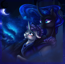 Size: 1542x1519 | Tagged: safe, artist:she-nightmare, nightmare moon, rarity, pony, unicorn, alternate timeline, blushing, female, lesbian, mare, night maid rarity, nightmare takeover timeline, nightrarity, rarimoon, shipping