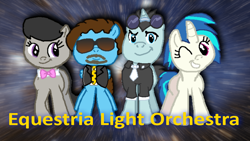 Size: 1920x1080 | Tagged: safe, artist:grapefruitface1, derpibooru import, dj pon-3, neon lights, octavia melody, rising star, vinyl scratch, oc, oc:electric light, earth pony, pony, band, clothes, complex background, electric light orchestra, equestria light orchestra, facial hair, group, jeff lynne, music, one eye closed, ponified, smiling, space, stars, suit, wallpaper, wink