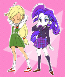 Size: 681x800 | Tagged: safe, artist:hacha, applejack, rarity, equestria girls, clothes, pixiv, school uniform