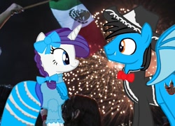 Size: 1082x784 | Tagged: safe, artist:ds59, rarity, oc, oc:dragun shot, dracony, hybrid, pony, unicorn, alternate hairstyle, canon x oc, charro, drarity, fireworks, independence day, mexican, mexican flag, mexican independence day, mexico, september 16th