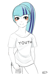 Size: 526x792 | Tagged: safe, artist:slimegrave, sonata dusk, equestria girls, clothes, looking at you, simple background, solo, t-shirt