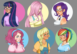 Size: 7016x4961 | Tagged: safe, artist:fabisia94, derpibooru import, applejack, fluttershy, pinkie pie, rainbow dash, rarity, twilight sparkle, human, alternate hairstyle, bra, bra strap, breasts, clothes, ear piercing, earring, eyeshadow, female, glasses, gray background, grin, hair over one eye, headband, hoodie, humanized, jewelry, makeup, mane six, overalls, piercing, shirt, simple background, sleeveless, smiling, sweater, t-shirt, underwear