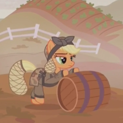 Size: 400x398 | Tagged: safe, screencap, applejack, earth pony, pony, the cutie re-mark, alternate timeline, applecalypsejack, barrel, crystal war timeline, solo