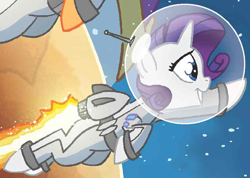 Size: 730x520 | Tagged: safe, idw, applejack, rarity, earth pony, pony, unicorn, spoiler:comic, astronaut, clothes, costume, outfit catalog