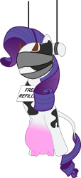 Size: 1592x3480 | Tagged: safe, artist:shitigal-artust, rarity, cow, cow pony, blindfold, bondage, cloth gag, cowified, cuffs, drink dispenser, exhibitionism, female, femsub, gag, humiliation, implied milking, living object, public use, raricow, sign, simple background, solo, species swap, submissive, suspended, transparent background, udder