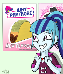 Size: 3000x3500 | Tagged: safe, artist:linlaifeng, sonata dusk, equestria girls, fine print, food, grin, poster, product placement, smiling, solo, sonataco, taco, taco bell, that girl sure loves tacos