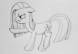 Size: 2000x1390 | Tagged: safe, artist:darelith, pinkie pie, earth pony, pony, monochrome, newbie artist training grounds, pinkamena diane pie, pointing, solo, traditional art