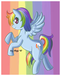 Size: 1000x1250 | Tagged: safe, artist:megubunnii, derpibooru import, rainbow dash, pegasus, pony, cute, dashabetes, female, looking at you, mare, profile, rainbow background, solo, spread wings, wings