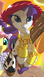 Size: 317x552 | Tagged: safe, idw, applejack, fluttershy, rarity, earth pony, pegasus, pony, unicorn, spoiler:comic, bedroom eyes, clothes, cowgirl, cowgirl outfit, dale evans, jessie (toy story), outfit catalog, smiling, solo focus, the man with no name, toy story