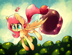 Size: 1600x1229 | Tagged: safe, artist:bloodatius, fluttershy, pegasus, pony, buckball season, ball, buckball, flying, solo