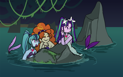 Size: 1280x797 | Tagged: safe, artist:stevetwisp, adagio dazzle, aria blaze, sonata dusk, mermaid, siren, equestria girls, jewelry, mermaidized, necklace, pendant, river, sirens doing siren things, species swap, swamp, the dazzlings, water