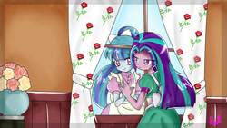 Size: 1198x674 | Tagged: safe, artist:foxxy00candy, aria blaze, sonata dusk, equestria girls, arisona, clothes, curtains, dress, female, lesbian, shipping, window