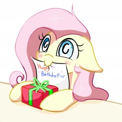 Size: 1920x1920 | Tagged: safe, artist:pinkieeighttwo, fluttershy, pegasus, pony, birthday, blushing, cute, floppy ears, happy birthday, mouth hold, note, present, shyabetes, solo