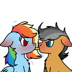 Size: 768x768 | Tagged: safe, artist:primstreak97, derpibooru import, quibble pants, rainbow dash, pegasus, pony, alternate hairstyle, blushing, blushing profusely, female, food, male, pocky, pocky game, quibbledash, shipping, simple background, straight, white background