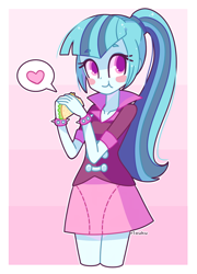 Size: 600x834 | Tagged: safe, artist:riouku, sonata dusk, equestria girls, blush sticker, blushing, clothes, cute, eating, female, food, heart, moe, ponytail, skirt, solo, sonatabetes, sonataco, taco, that girl sure loves tacos