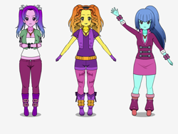 Size: 800x600 | Tagged: safe, artist:icey-wicey-1517 kisekae, adagio dazzle, aria blaze, sonata dusk, equestria girls, amulet, boots, bracelet, clothes, collar, crossed arms, female, gloves, grumpy, jewelry, kisekae, midriff, simple background, skirt, spiked wristband, the dazzlings, white background