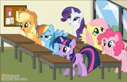 Size: 1106x711 | Tagged: safe, artist:hihipuffyamiyumirules2001, derpibooru import, applejack, fluttershy, pinkie pie, rainbow dash, rarity, twilight sparkle, unicorn twilight, earth pony, pegasus, pony, unicorn, classroom, cringing, female, goanimate, mane six, mare, vyond, youtube link