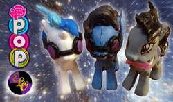 Size: 2054x1205 | Tagged: safe, artist:grapefruitface1, derpibooru import, dj pon-3, octavia melody, vinyl scratch, oc, oc:electric light, earth pony, pony, complex background, custom, edited photo, electric light orchestra, irl, jeff lynne, merchandise, my little pony pop!, painted, photo, space, stars, toy, trio, wallpaper