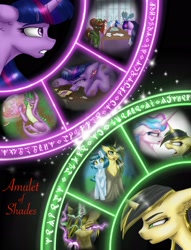 Size: 1950x2550 | Tagged: safe, artist:tillie-tmb, princess celestia, princess luna, spike, twilight sparkle, twilight sparkle (alicorn), oc, oc:meadow lark, oc:tempest, alicorn, dragon, earth pony, pony, unicorn, comic:the amulet of shades, comic cover, cover, crying, female, magic, mare, written equestrian