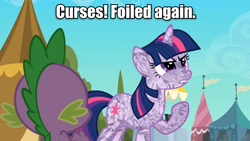 Size: 960x540 | Tagged: safe, derpibooru import, spike, twilight sparkle, dragon, aluminum foil, caption, dick dastardly, image macro, meme, pun, visual pun