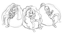 Size: 1280x664 | Tagged: safe, artist:cybersquirrel, adagio dazzle, aria blaze, sonata dusk, equestria girls, beanbag chair, hair, impossibly large hair, monochrome, pomf, sketch, the dazzlings, the pomf