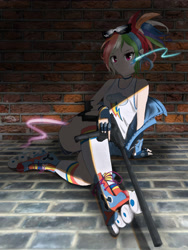 Size: 3000x4000 | Tagged: safe, artist:octvinybbf4ever, derpibooru import, rainbow dash, human, female, gun, humanized, roller skates, sitting, solo, weapon