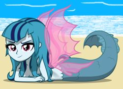 Size: 522x380 | Tagged: safe, artist:themexicanpunisher, sonata dusk, mermaid, siren, beach, cropped, lying down, solo