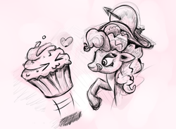 Size: 1006x738 | Tagged: artist needed, source needed, safe, pinkie pie, earth pony, pony, food, monochrome, muffin, sketch, traditional art