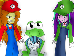 Size: 1024x771 | Tagged: safe, artist:theodrawsforyou, adagio dazzle, aria blaze, sonata dusk, equestria girls, clothes, cosplay, costume, luigi, mario, super mario bros., the dazzlings, yoshi