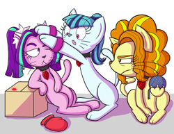 Size: 1920x1484 | Tagged: safe, artist:zanefir-dran, adagio dazzle, aria blaze, sonata dusk, cat, :<, catdagio, catified, cute, kitten, laser pointer, leaning, nyaria blaze, one eye closed, open mouth, sitting, sonyata dusk, species swap, the dazzlings, trio, unamused, whiskers