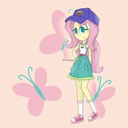 Size: 1773x1773 | Tagged: safe, artist:pinkiepie-ninjago, fluttershy, equestria girls, legend of everfree, cap, clothes, cute, cutie mark, hat, pink background, pixelated, shoes, simple background, smiling, sneakers, socks, solo