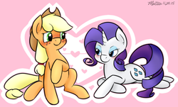 Size: 1106x669 | Tagged: safe, artist:melodicmarzipan, applejack, rarity, earth pony, pony, unicorn, blushing, female, lesbian, prone, rarijack, shipping, sitting