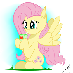 Size: 2000x2000 | Tagged: safe, artist:truffle shine, fluttershy, pegasus, pony, apple juice, cute, drink, drinking, grass, hoof hold, juice, juice box, shyabetes, sitting, smiling, solo, spread wings