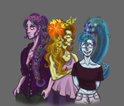 Size: 1716x1478 | Tagged: safe, alternate version, artist:madness-with-reason, adagio dazzle, aria blaze, sonata dusk, equestria girls, alternate hairstyle, aria-blazin-it, clothes, flower, flower in hair, open clothes, open shirt, the dazzlings