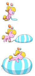 Size: 1206x2600 | Tagged: safe, artist:selphy6, oc, oc only, oc:lola balloon, air inflation, balloon, balloon sitting, chibi, comic, cute, heart, hug, inflation, ocbetes, ponytail, pump, sequence, simple background, white background