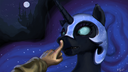 Size: 4310x2424 | Tagged: safe, alternate version, artist:bigrigs, derpibooru import, nightmare moon, human, boop, canterlot, high velocity booping action, horse nostril, imminent death, moon, offscreen character, pov, wallpaper, widescreen