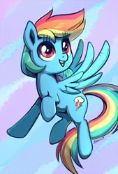 Size: 570x844 | Tagged: safe, artist:sorcerushorserus, derpibooru import, rainbow dash, pegasus, pony, abstract background, cute, dashabetes, female, flying, mare, sky, solo