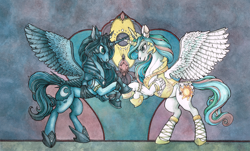 Size: 2360x1430 | Tagged: safe, artist:fillyphalanx, princess celestia, princess luna, alicorn, pony, armor, bracelet, clothes, crown, duo, helmet, horn accessory, horn ring, horns are touching, jewelry, rearing, regalia, ruffles, shoes, traditional art, watercolor painting