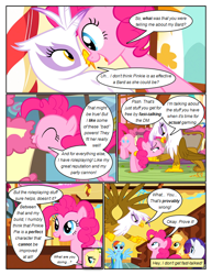 Size: 612x792 | Tagged: safe, artist:newbiespud, derpibooru import, edit, edited screencap, screencap, applejack, fluttershy, pinkie pie, rainbow dash, rarity, earth pony, pegasus, pony, unicorn, comic:friendship is dragons, angry, cake, comic, dialogue, eating, female, flying, food, freckles, hat, looking down, looking up, mare, open mouth, pointing, puffy cheeks, screencap comic, smiling, sugarcube corner, worried