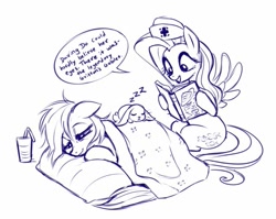 Size: 741x589 | Tagged: safe, artist:sorcerushorserus, derpibooru import, angel bunny, fluttershy, rainbow dash, pegasus, pony, blanket, caring for the sick, female, grayscale, hat, lineart, mare, monochrome, nurse, nurse hat, onomatopoeia, pillow, reading, sick, sleeping, smiling, sound effects, speech bubble, zzz