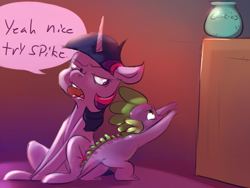 Size: 1280x960 | Tagged: safe, artist:imsokyo, derpibooru import, spike, twilight sparkle, dragon, pony, unicorn, cookie jar, daily life of spike, dialogue, female, mama twilight, mare, tumblr