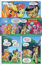 Size: 602x935 | Tagged: safe, artist:tonyfleecs, idw, applejack, fluttershy, lyra heartstrings, nosey news, quill (character), earth pony, pegasus, pony, spoiler:comic, spoiler:comicff23, angry, splendor woods, unnamed pony