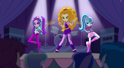 Size: 1280x714 | Tagged: safe, adagio dazzle, aria blaze, sonata dusk, equestria girls, rainbow rocks, evil grin, grin, microphone, smiling, the dazzlings, under our spell