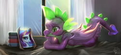 Size: 1100x500 | Tagged: safe, artist:renciel, rarity, spike, dragon, pony, unicorn, molt down, female, male, mare, picture, shipping, smiling, sparity, straight, winged spike